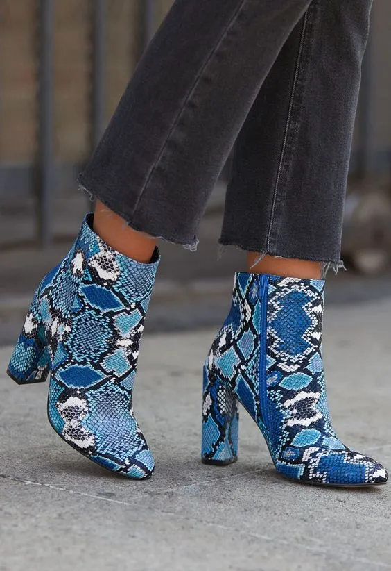 Blue Snake Print Ankle Boots