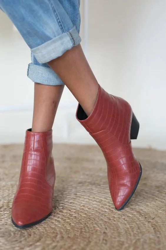 Red Croc-Effect Ankle Boots