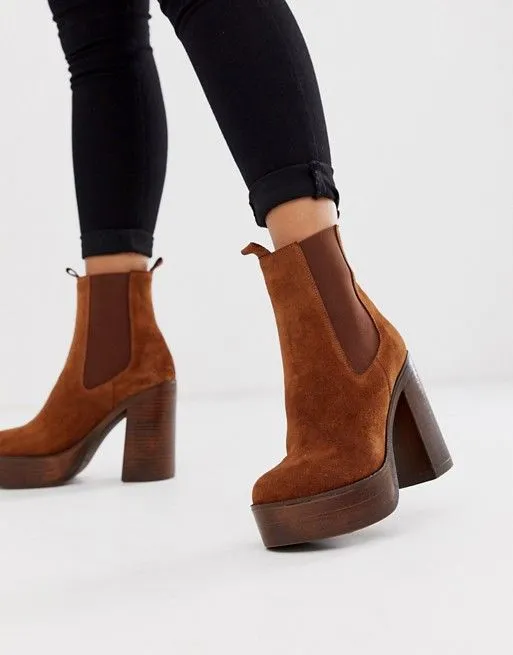 Brown Suede Platform Chelsea Boots