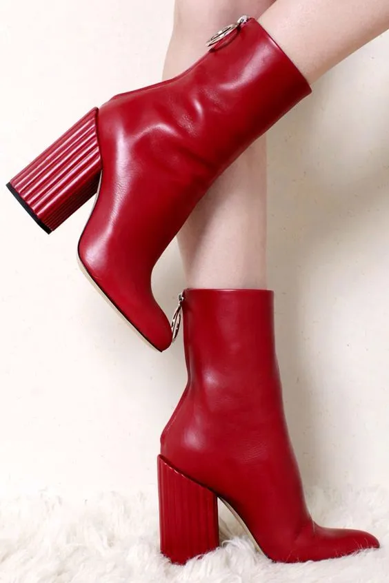 Red Leather Block Heel Boots