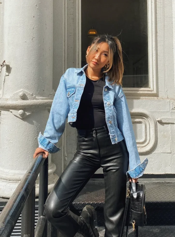  Casual Chic: Denim Jacket + Leather Pants + Boots
