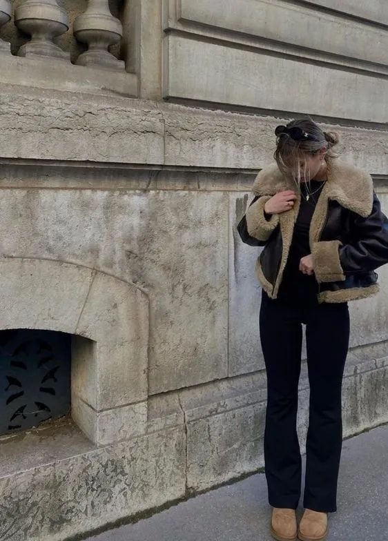 Black and Brown Jacket with Black Pants and Brown UGGs