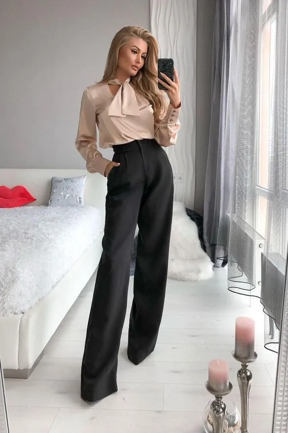 Black High Waist Pants With Beige Silk Blouse