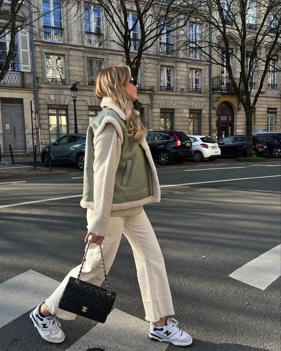 Green Vest with Beige Pullover and Beige Pants