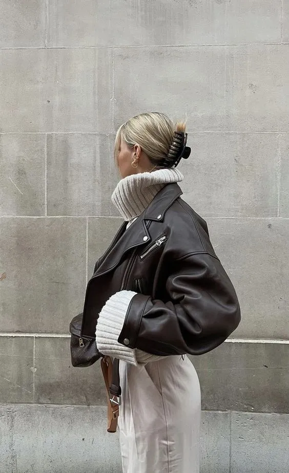 Brown Leather Jacket With Beige Turtleneck And Beige Pants