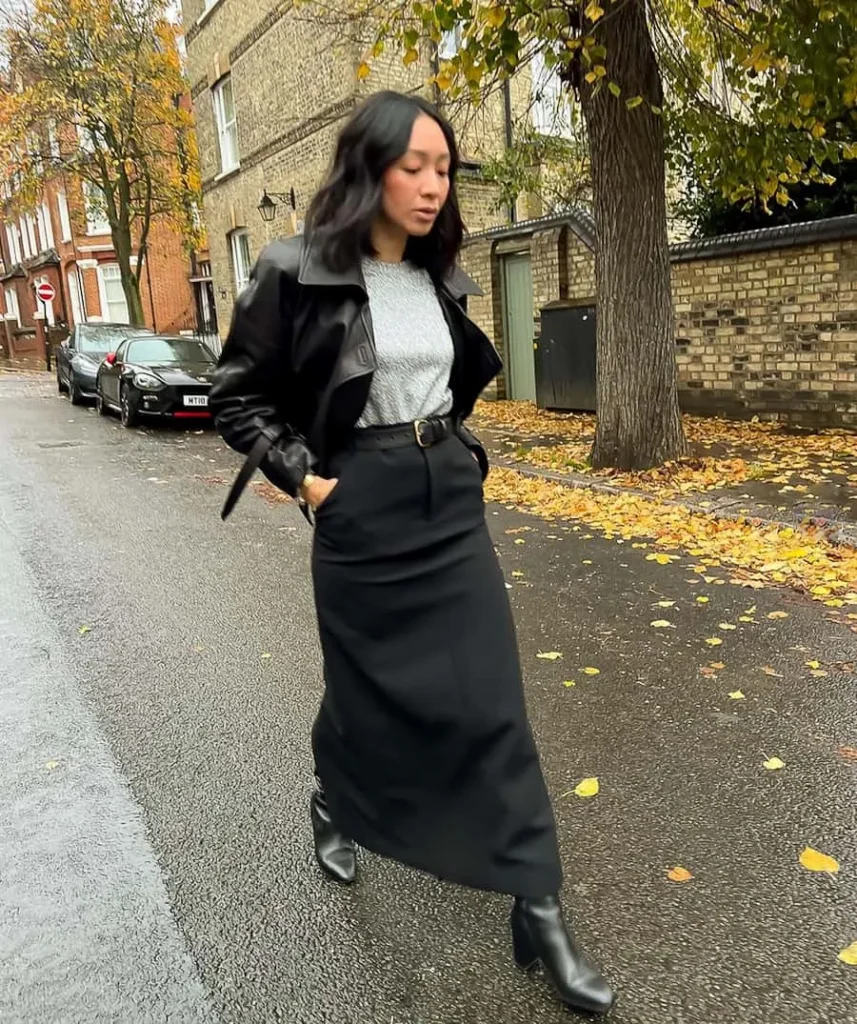 leather jacket, maxi denim skirt + ankle boots