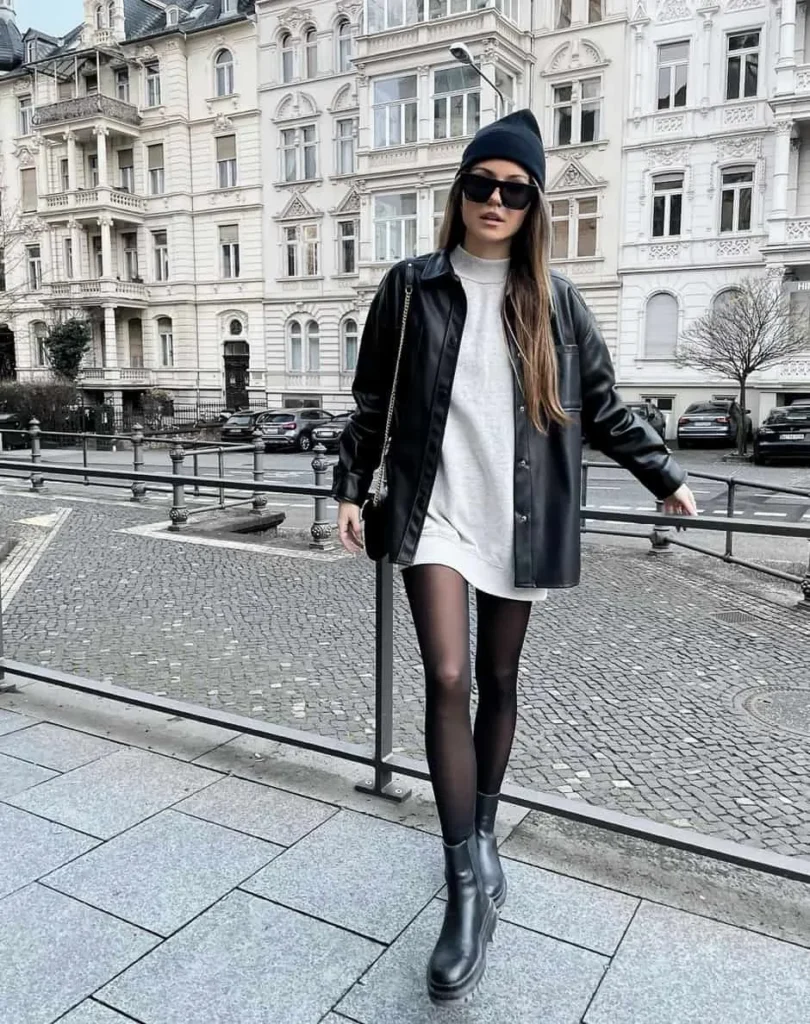 sweater dress, tights, leather jacket + boots