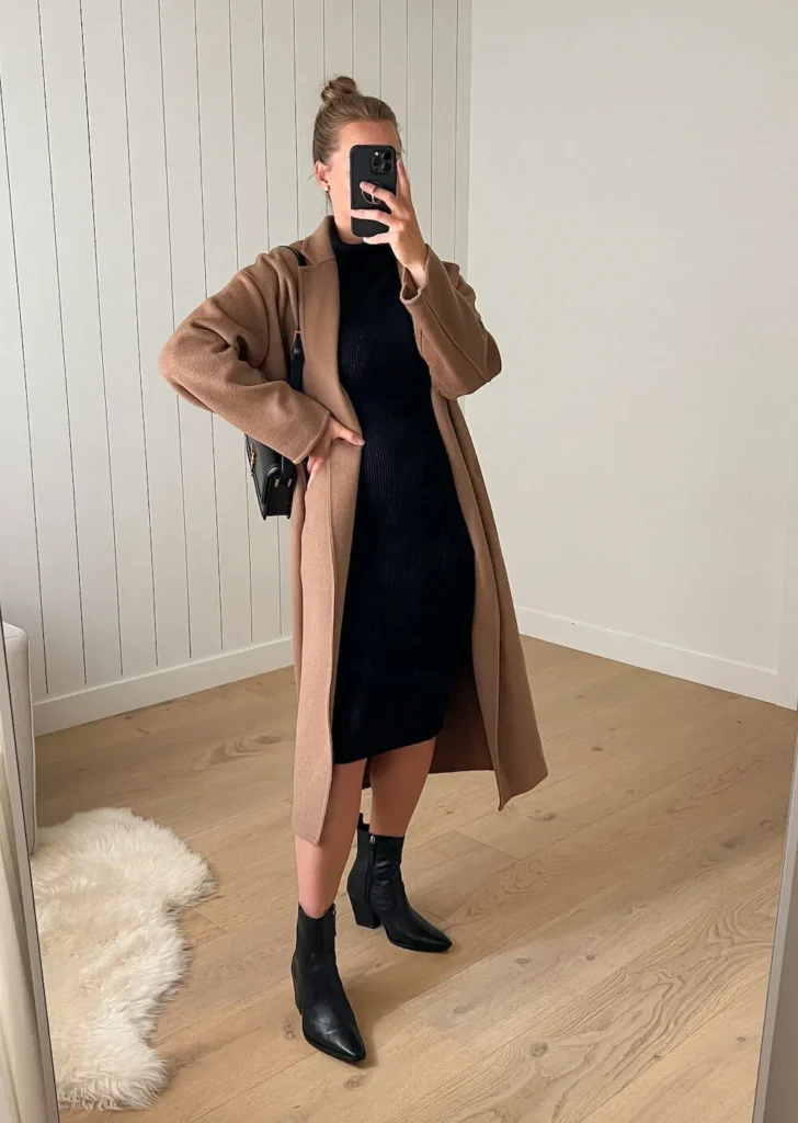 wool coat, mini sweater dress + knee-high boots.