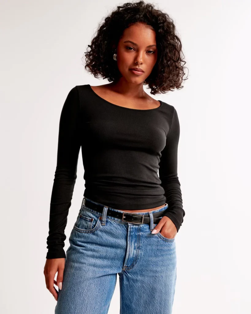 Abercrombie & Fitch Long-Sleeve Featherweight Rib Tuckable Wide Scoopneck Top