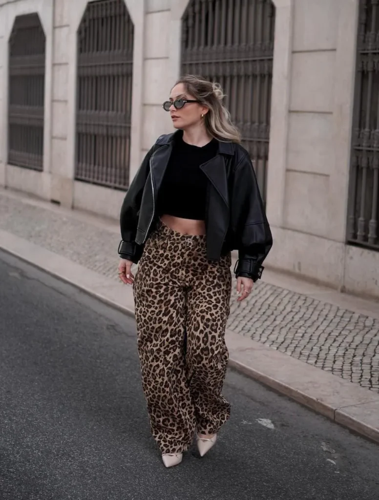 leather jacket, cheetah print pants + pumps.