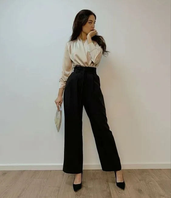 Wide Black Pants With Beige Blouse Work Outfits