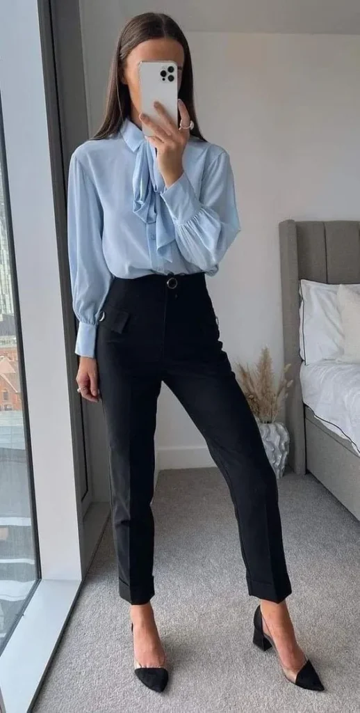 Light Blue Silk Blouse With Black Pants