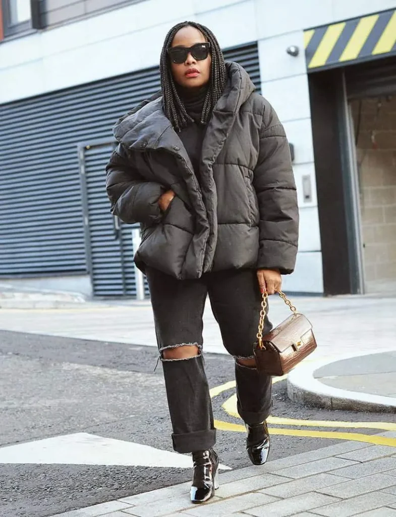 jeans, puffer jacket + ankle boots