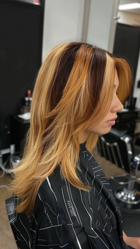 Honey Blonde and Deep Red Chunky Highlights