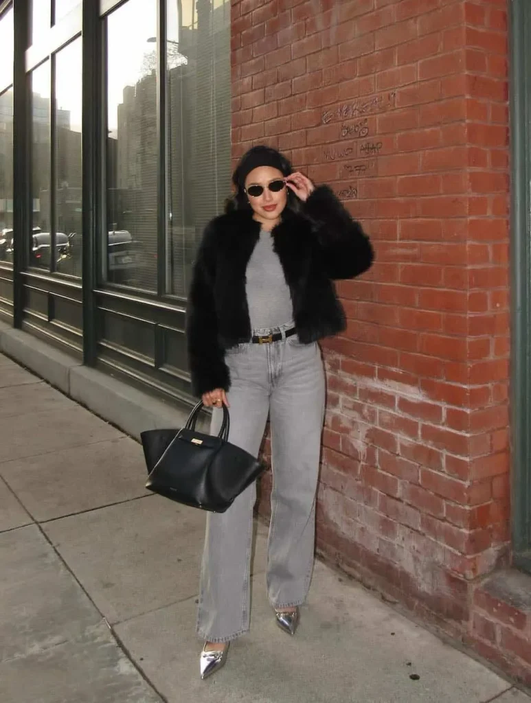 wide-leg denim, faux fur coat + classic pumps.