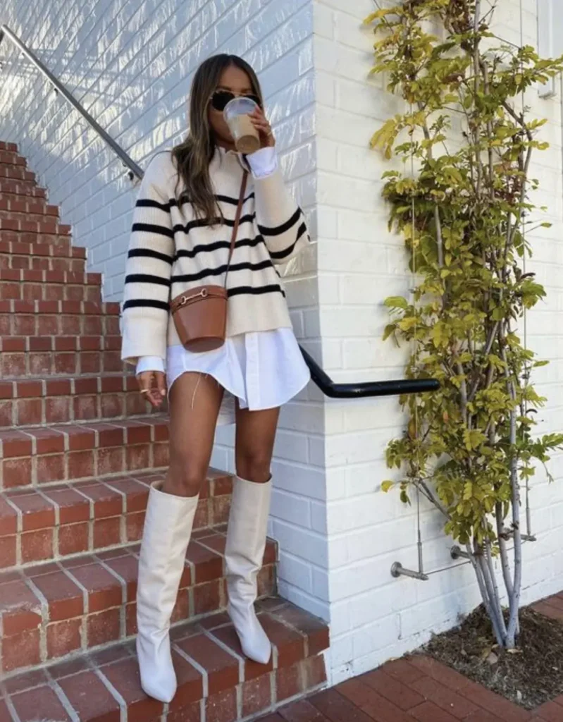 White Boots + Shirt Dress + Sweater