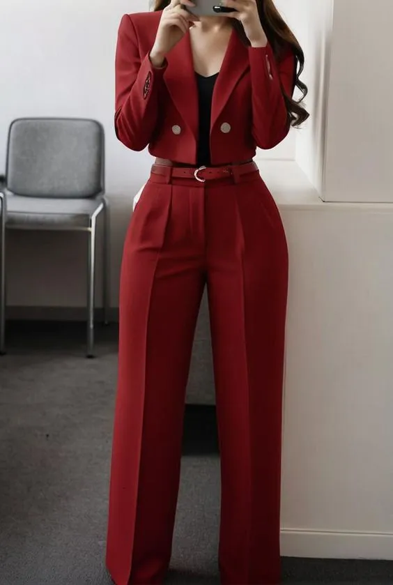 Red Slim Buttoned Casual Two-Piece Suit