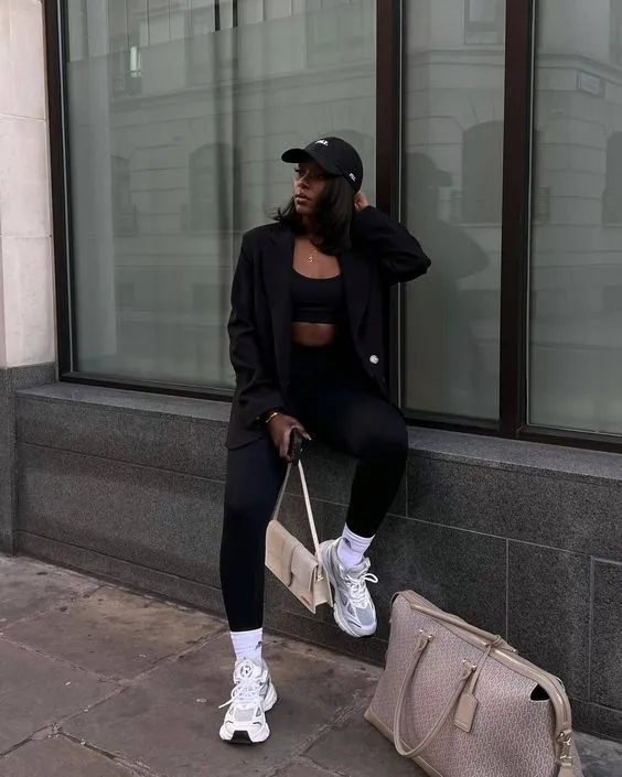 Black Blazer With Black Leggings and White Sport Socks