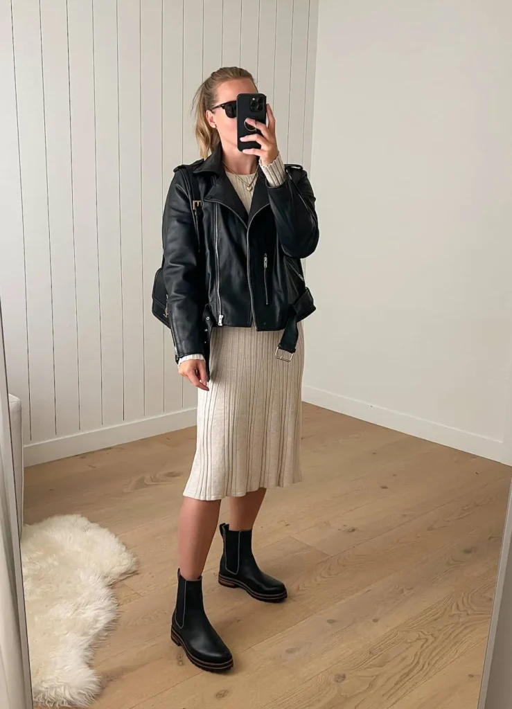 leather jacket, sweater dress + lug boots.
