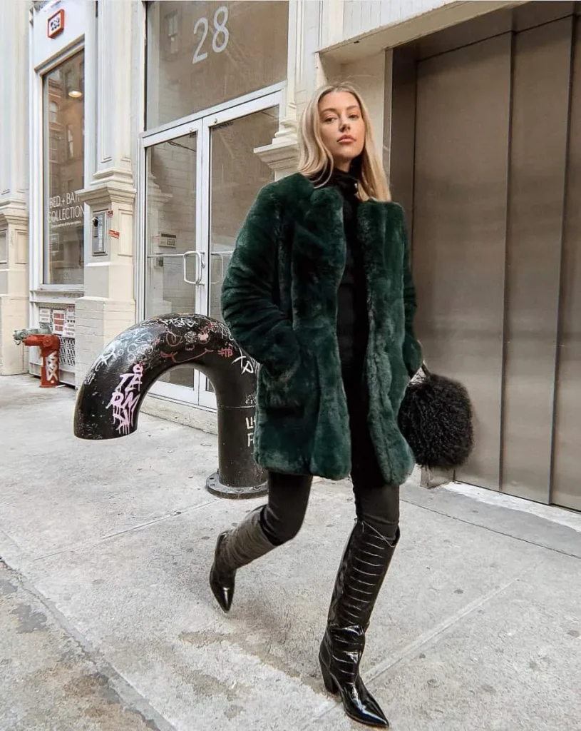 faux fur jacket + knee high boots