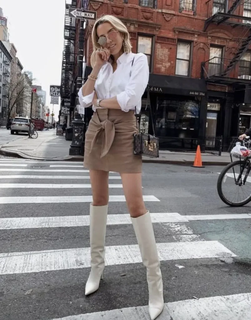 White Boots + White Button Up + Skirt