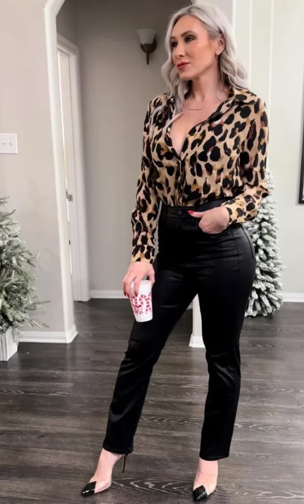 Fierce and Fabulous: Leopard Print Blouse + Black Leather Pants + Pointed Heels
