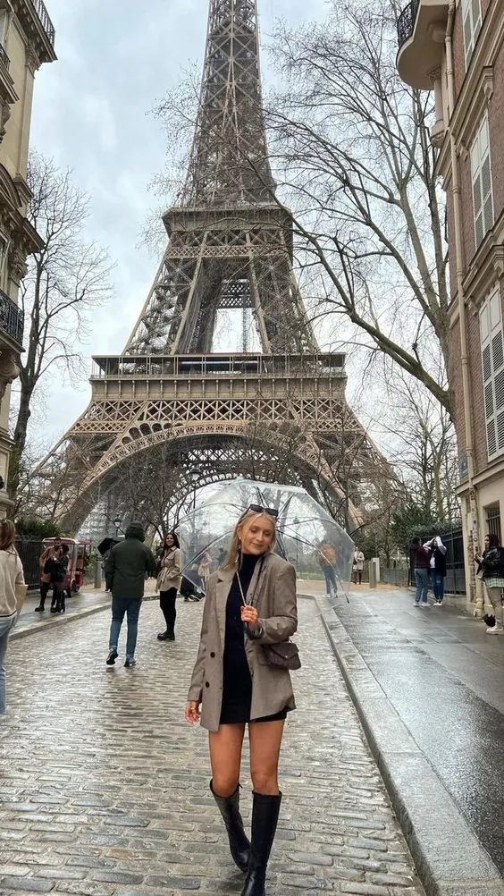 Grey Coat with Black Dress And Black Boots
