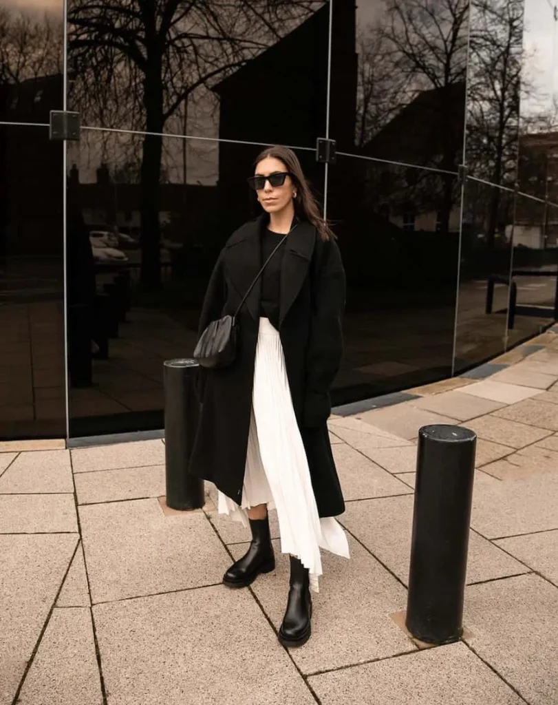 midi skirt, lug boots + long wool coat