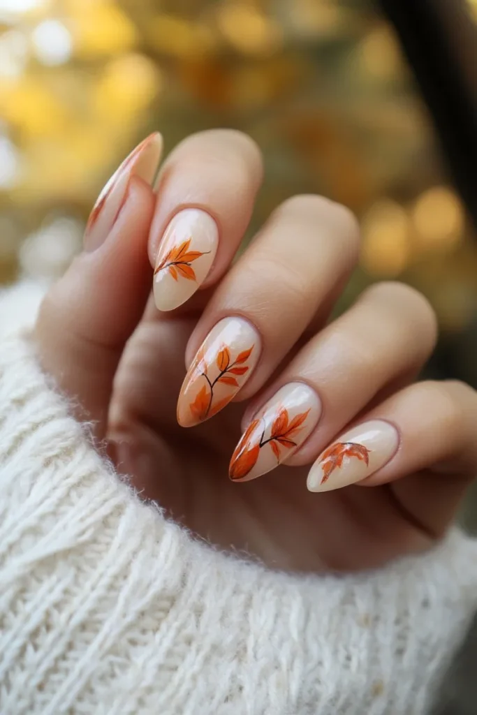  Showcase a Single Orange Leaf Accent Nail
