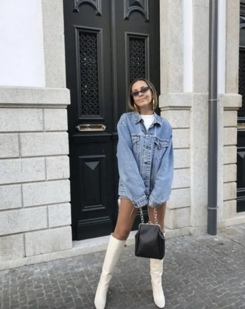 White Boots + Denim Jacket