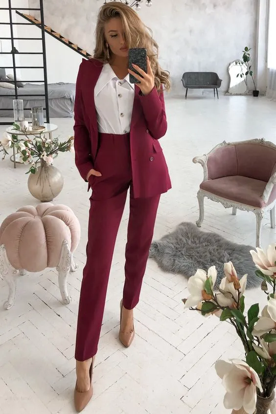 Bordeux Double Breasted Suit With White Blouse