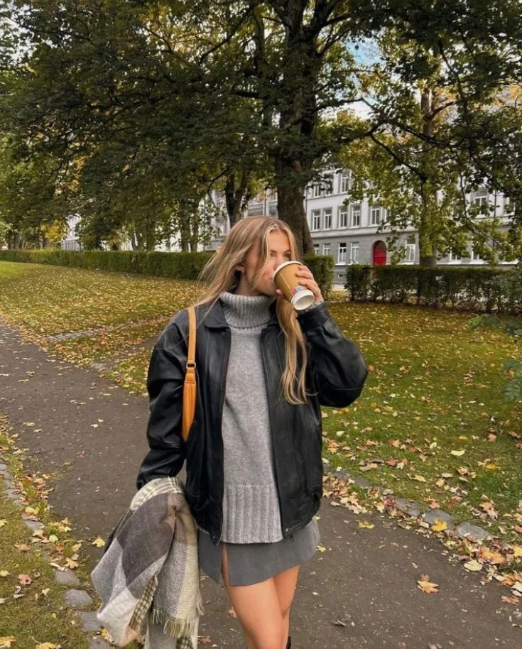 Black Jacket with Grey Dress and Grey Turtleneck