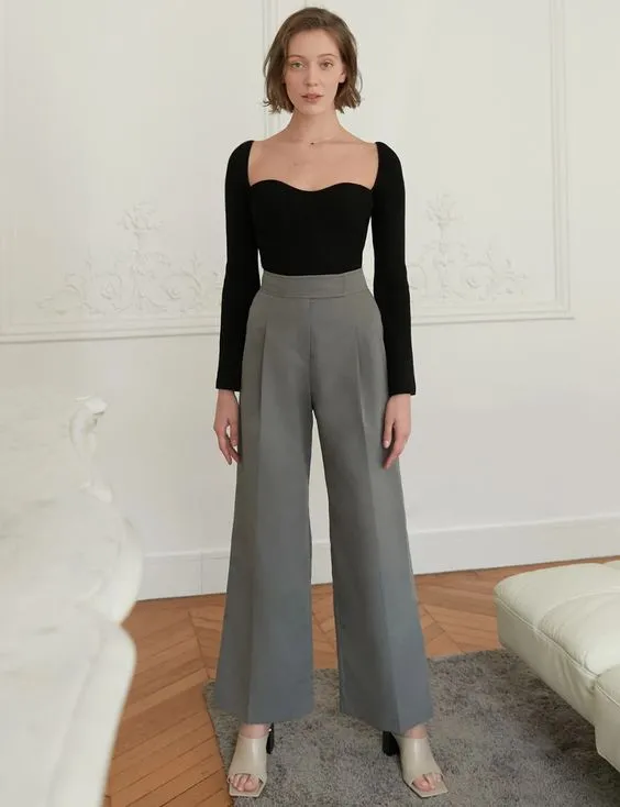 Black Knit Bustier Top With Wide Grey Pants