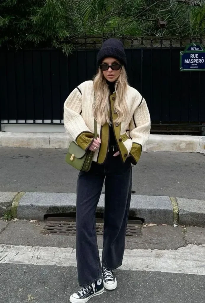 Beige Sweat Jacket with Dark Grey Jeans and Black Hat