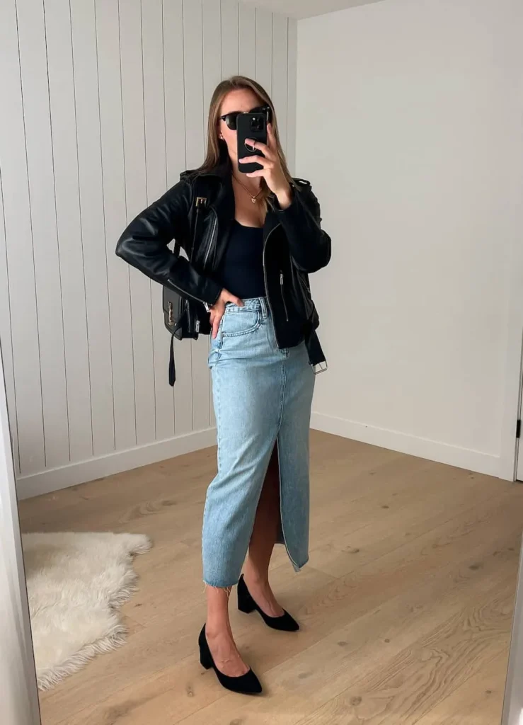 leather jacket, denim maxi skirt + suede heels.
