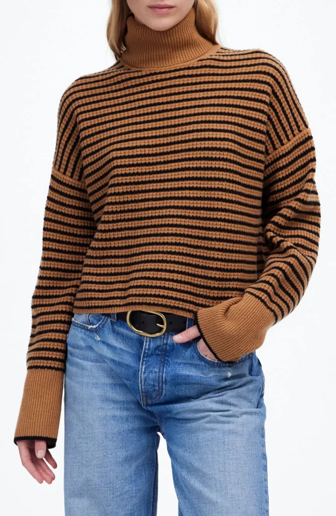 Wool Waffle-Knit Turtleneck in Stripe