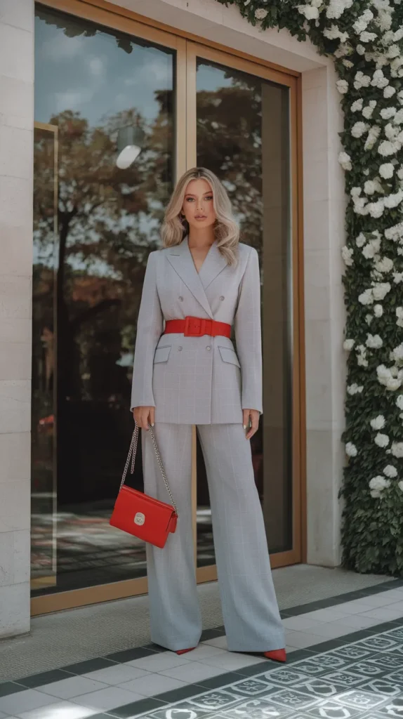 Women light grey suit with statement red accessories