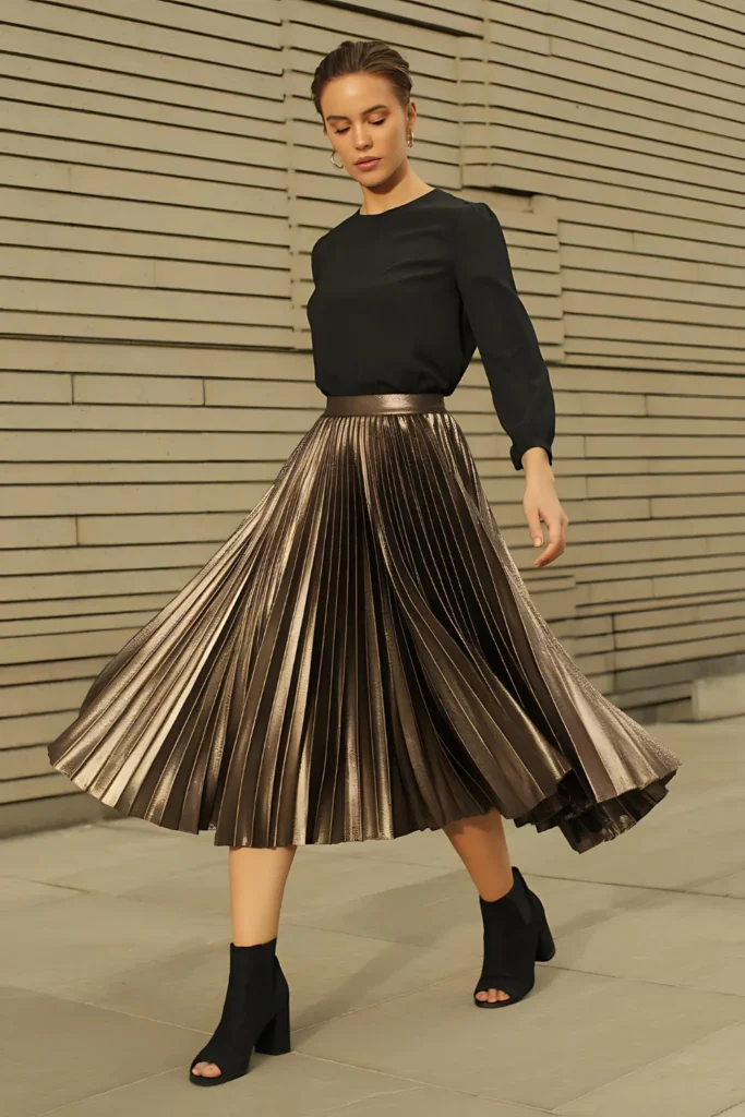 Floral-Print Metallic Pleated Skirt