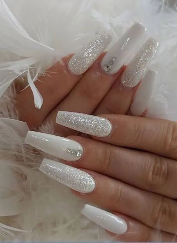 White coffin nails with iridescent shimmer sparkle