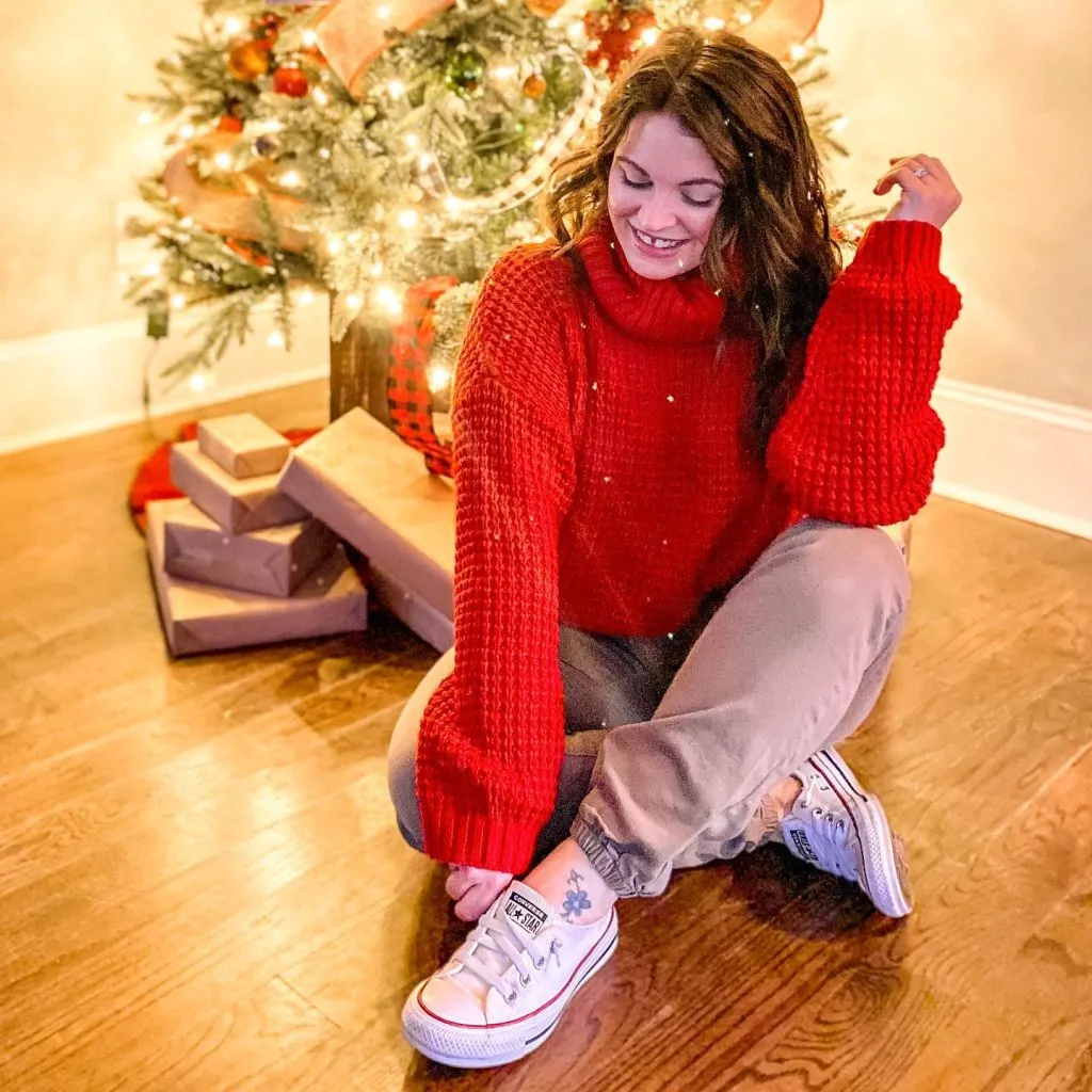 Oversized red sweater with neutral pants women's