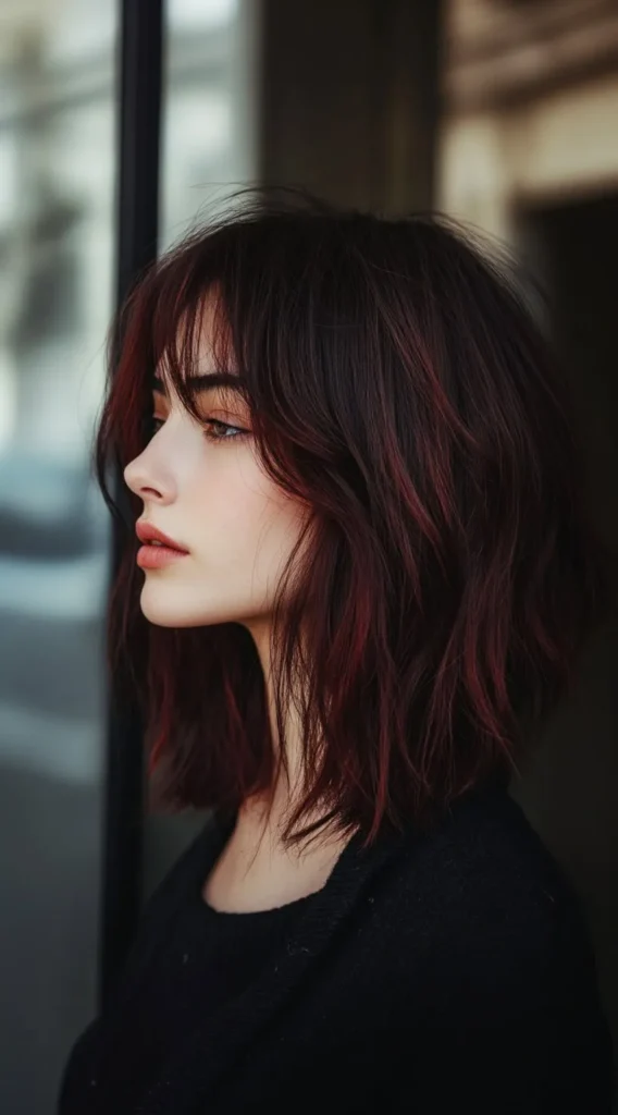 Long wavy bob with cherry cola highlights