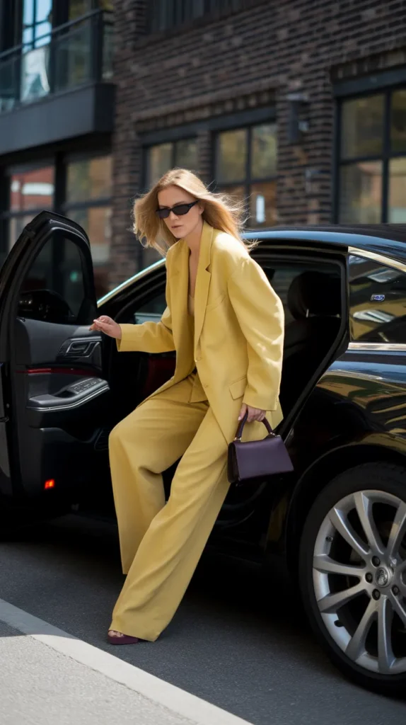 Bright yellow suit with wide leg trousers