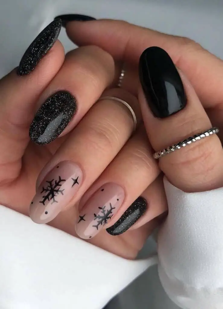 Black Nails with Snowflakes Glitter