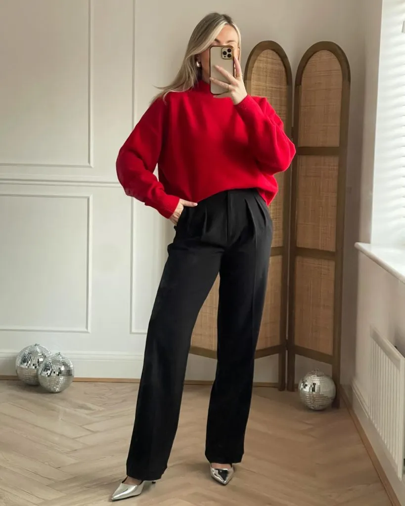 Black Pants Red Sweater Outfit