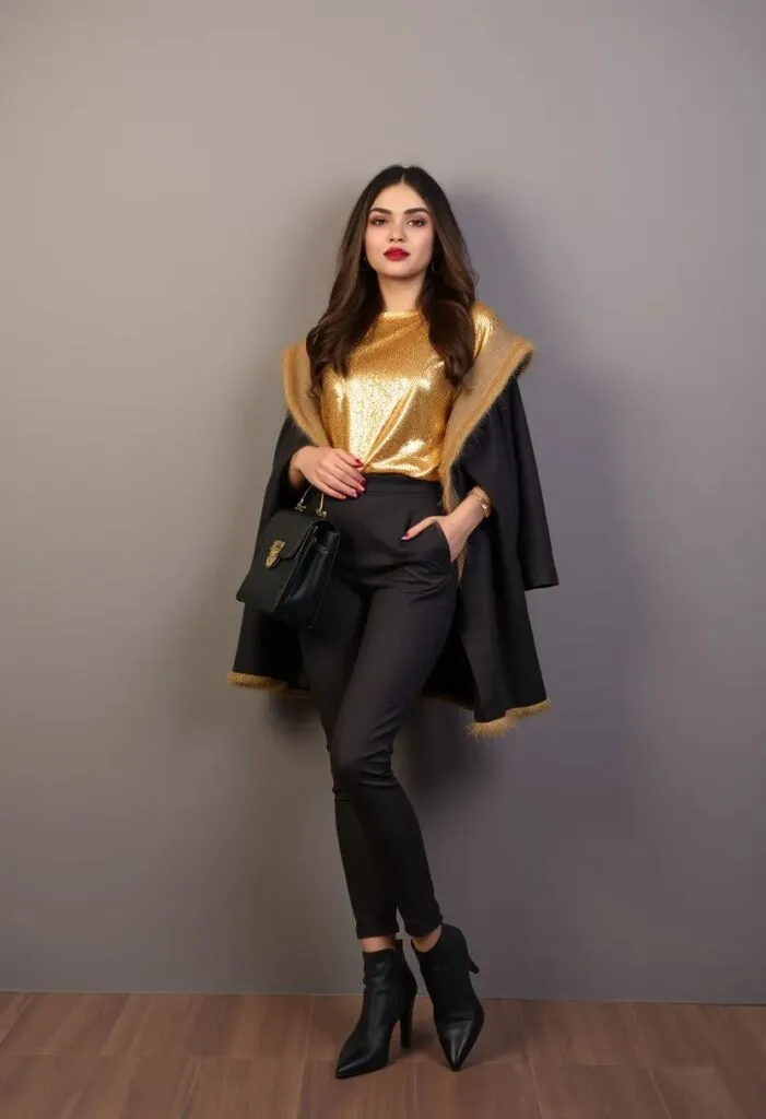 Women gold and graphite christmas outfit