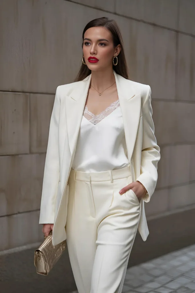 Sleek white pantsuit new years eve outfit 