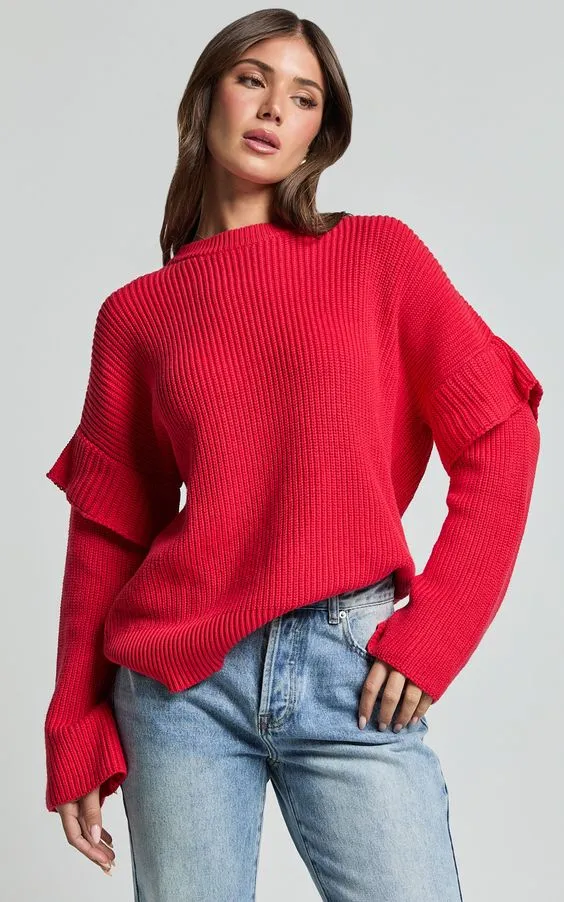 Vibrant Fiery Red Ruffle Sleeve Knit Sweater