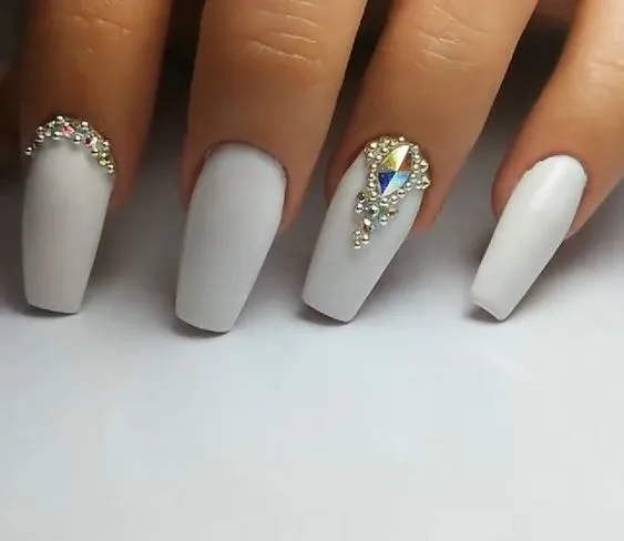 Milky White Nails with Rhinestones