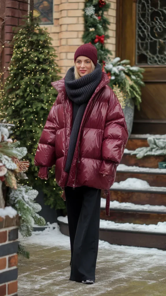 Burgundy Puffer Jacket Outfits For Women