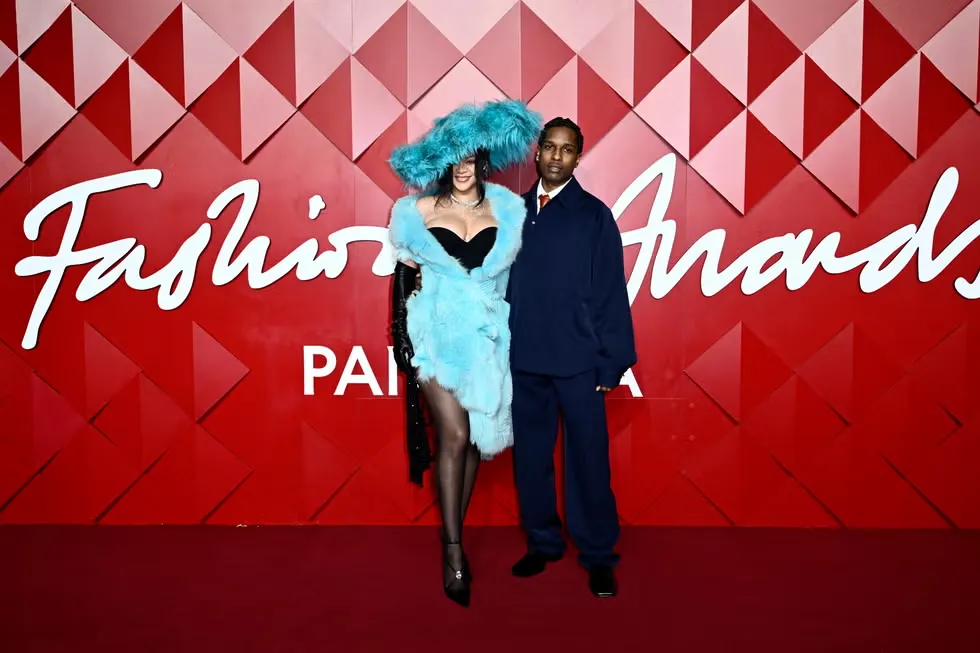 Rihanna Pops in Blue Furry Dress at Fashion